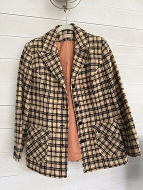 Vintage Pendleton Beige and Black Plaid Wool Jacket